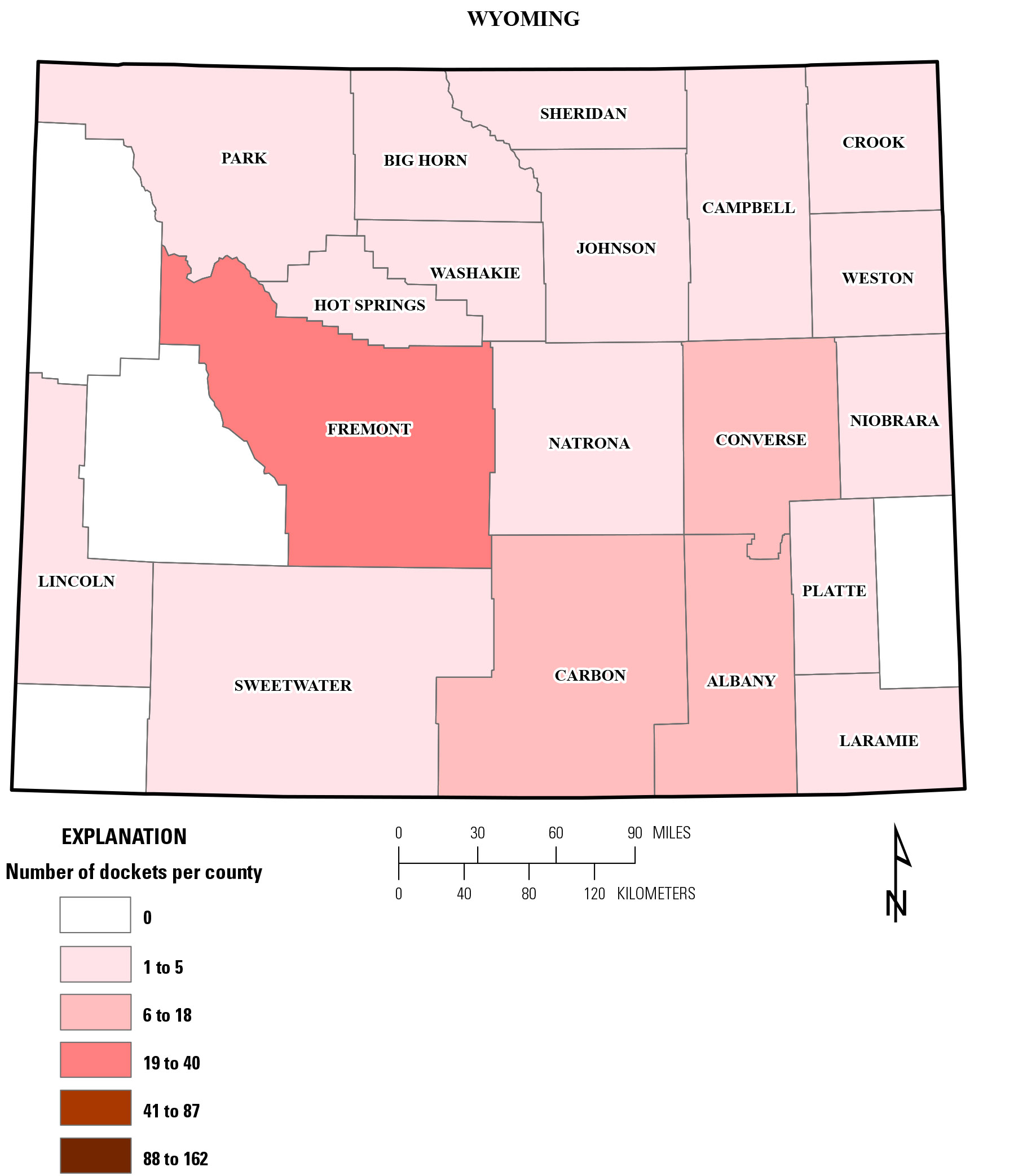 Map showing all Wyoming DMA, DMEA, OME dockets by County