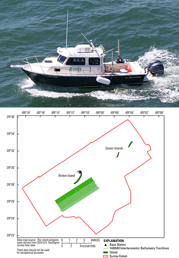 Photograph of the R/V Sallenger and trackline map coverage showing the 426 line-km (109 lines) of interferometric-swath bathymetry data collection. Island polygon is derived from 2014 USGS lidar.