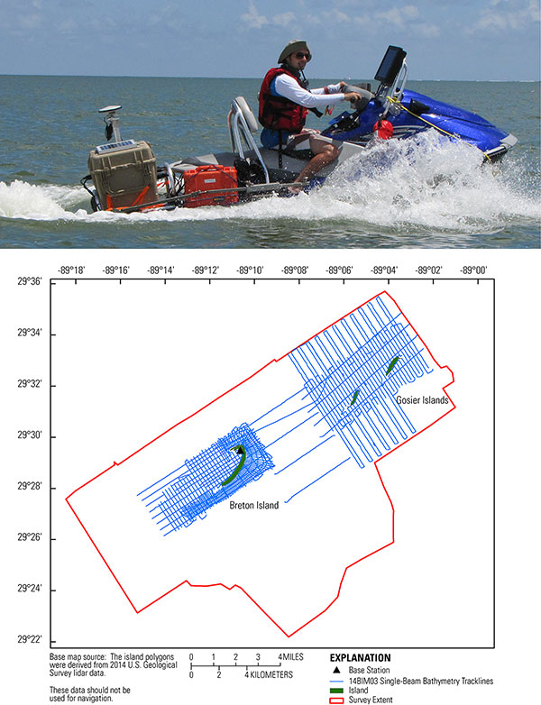 Photograph of the R/V Chum Bucket and trackline map coverage showing the 708 line-km (278 lines) of single-beam bathymetry data collection. Island polygon is derived from 2014 USGS lidar.