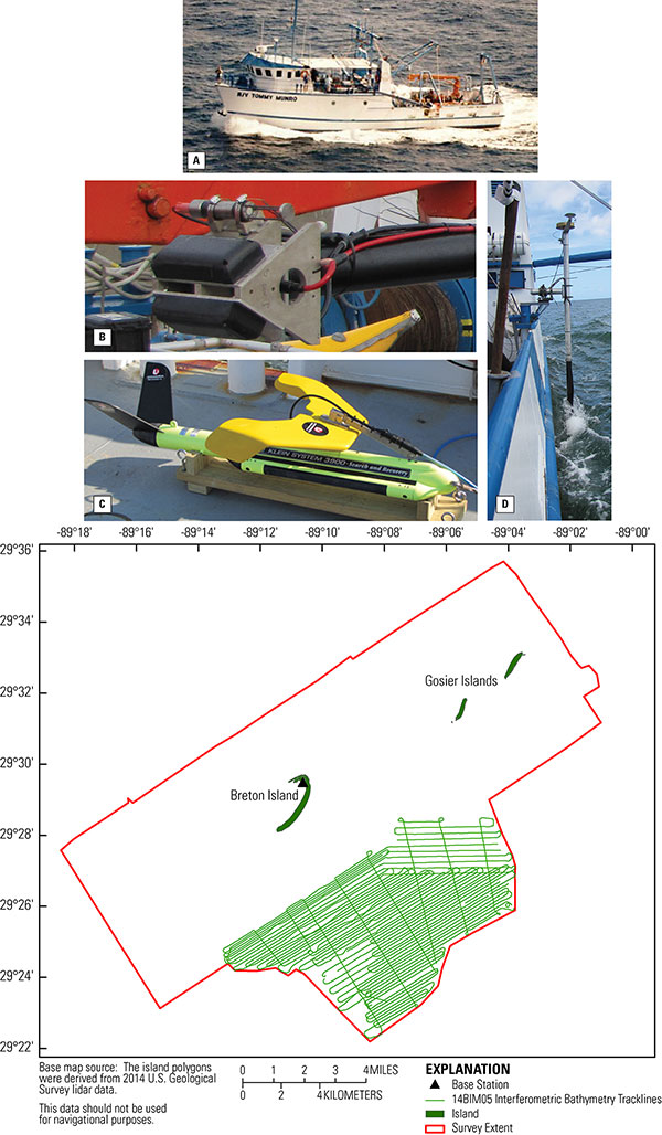 Photograph of the R/V Tommy Munro and trackline map coverage showing the 565 line-km (89 lines) of interferometric-swath, sidescan sonar, and a high-resolution chirp subbottom data collection. The research vessel (A) was mobilized with (B) the interferometric-swath bathymetry equipment including the swath transducers, sound-velocity sensor, and IMU wet pod attached to the base of the rigid pole mount, (C) the Klein 3900 side-scan sonar towfish, and (D) the pole mount deployed with GPS navigation bracket affixed. Island polygon is derived from 2014 USGS lidar.
