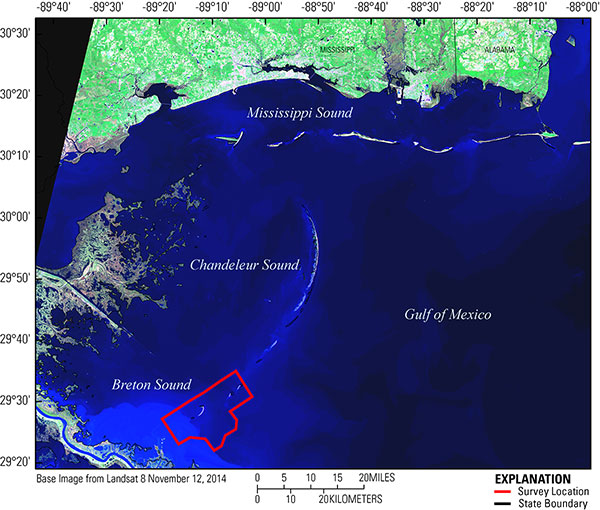 Study area and location map of the 2014 geophysical surveys nearshore Breton Island and Gosier Islands, Breton National Wildlife Refuge, Louisiana. 
