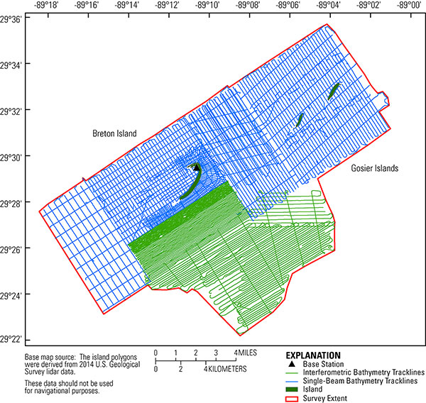 Trackline map overview for the 2014 Barrier Island Mapping geophysical surveys at Breton and Gosier Islands, Breton Island National Wildlife Refuge, Louisiana. Blue tracklines represent single-beam bathymetry, and green lines represent interferometric-swath bathymetry. Island polygon is derived from 2014 USGS lidar. 