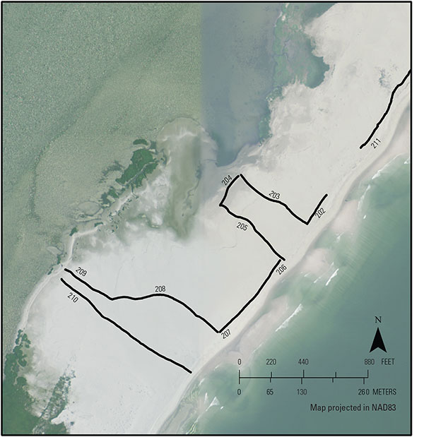 Map of ground-penetrating radar southern profiles collected from a portion of the Edwin B. Forsythe National Wildlife Refuge–Holgate Unit.