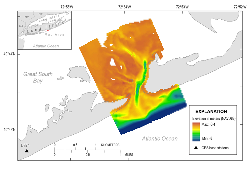 A 25-meter grid of June 2014 bathymetry of the wilderness breach, Fire Island, N.Y.