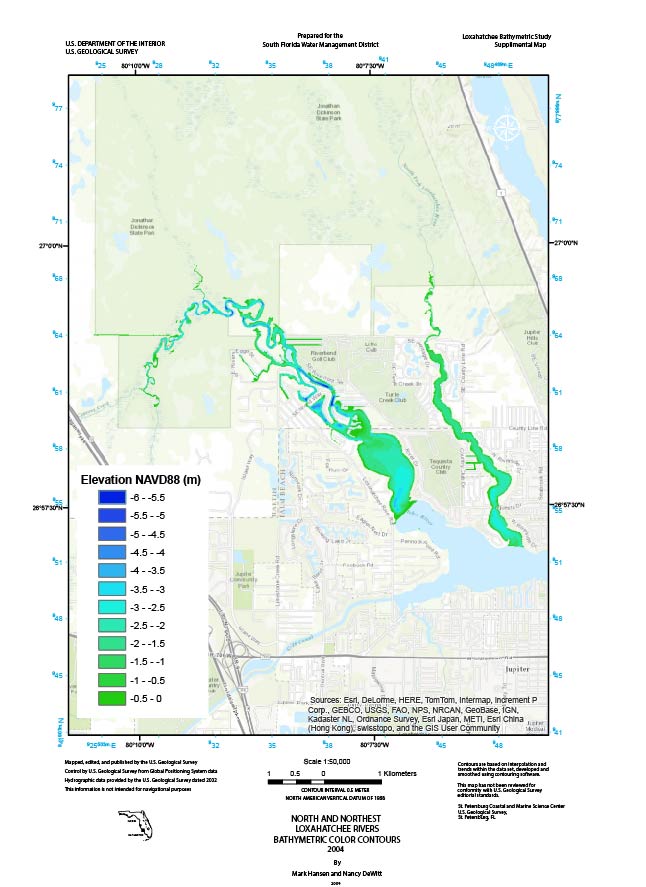 Color contour map of  North and Northwest Forks of the Loxahatchee River, Florida.