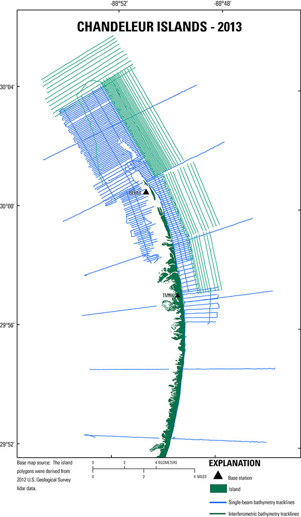 Trackline map overview for the 2013 geophysical surveys in the northern Chandeleur Islands, Louisiana.