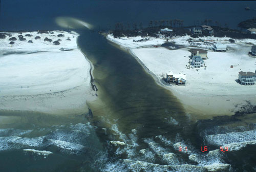 Breach in barrier island as a result of Hurricane Katrina. Gulf Shores, Alabama.
