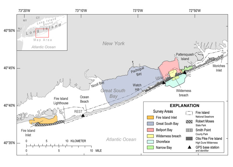 Regional map of Fire Island, New York, along the southern coast of Long Island.