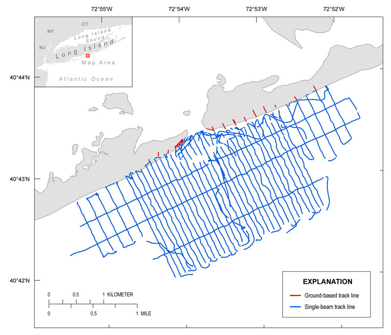 Overview of shoreface single-beam and ground-based GPS track line surveyed October 2014.