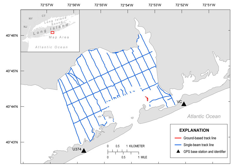 Overview of Bellport Bay single-beam and ground-based GPS track line surveyed October 2014.