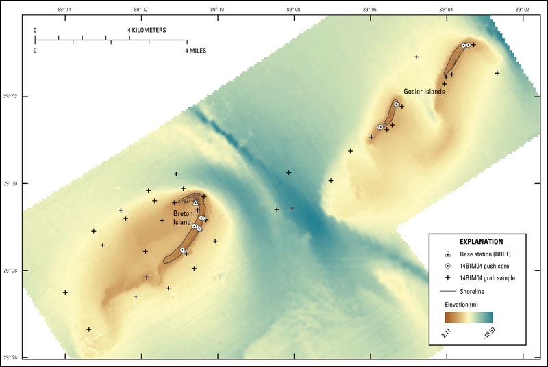 Locations of sites where push cores and submerged grab samples were collected from around Breton and Gosier Islands in July 2014