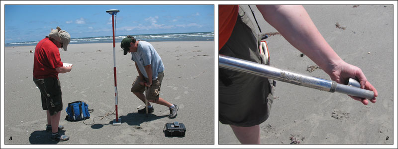 (A) Collecting a push core from the Chandeleur Islands. (B) Push core being extracted from coring apparatus.