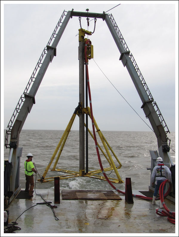 Vibracore rig being deployed from the M/V Thunderforce.