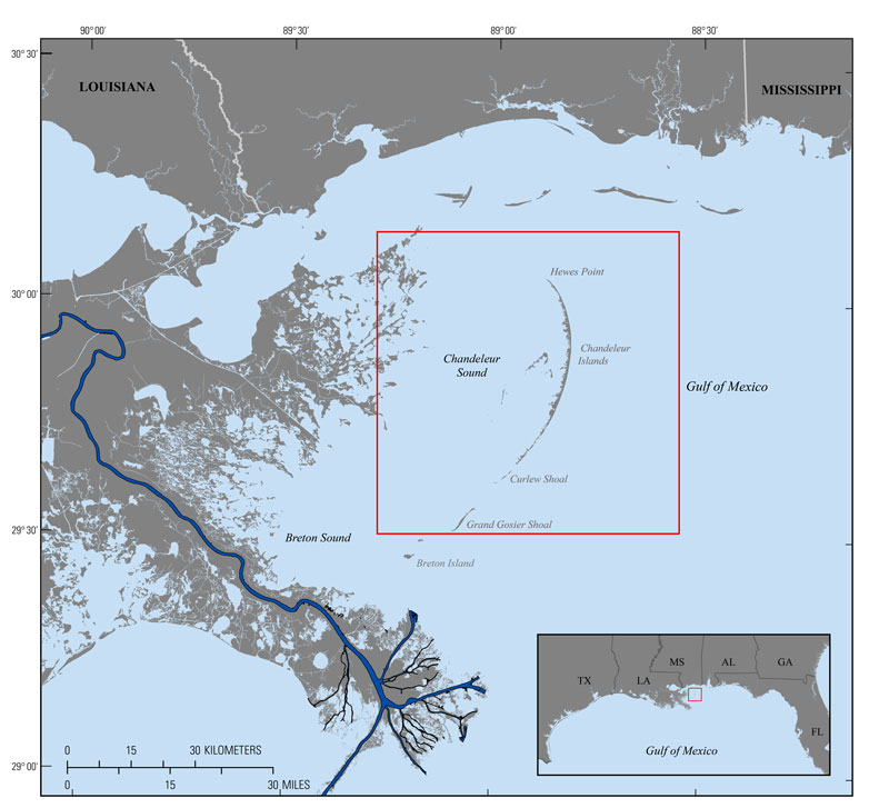 Regional map showing the study area and location of the 2015 single-beam bathymetry survey in the nearshore of the Chandeleur Islands, Louisiana.