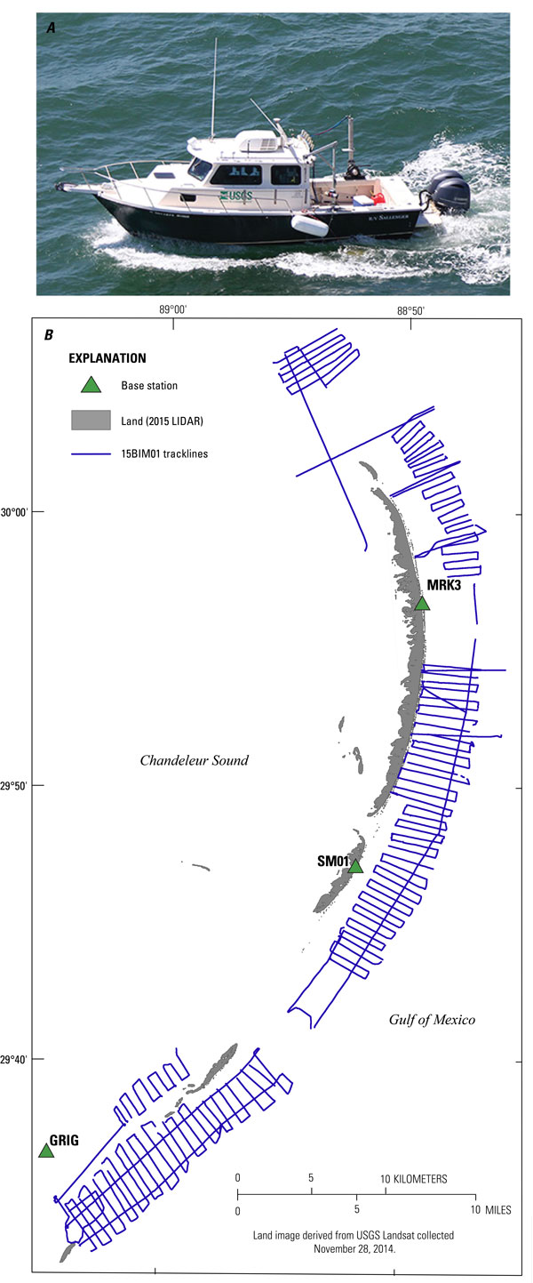 Data acquisition showing in A, a photograph of the R/V <i>Sallenger</i> vessel used for data collection and in B, a trackline map of 665.6 line-km (216 lines) single-beam bathymetry results (USGS SPCMSC cruise identifier 15BIM01).