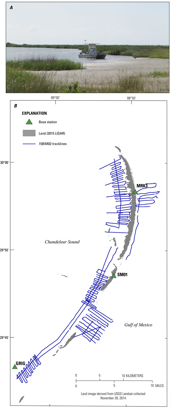 Data acquisition showing in A, a photograph of the R/V Jabba Jaw vessel used for data collection and in B, a trackline map of 442.3 line-km (158 lines) single-beam bathymetry results (USGS SPCMSC cruise identifier 15BIM02).