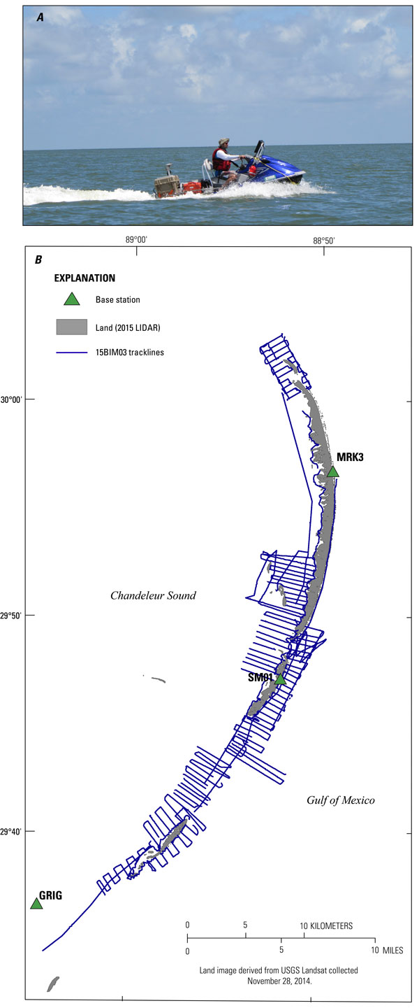 Data acquisition showing in A, a photograph of the R/V Chum vessel used for data collection and in B, a trackline map of 505.7 line-km (186 lines) single-beam bathymetry results (USGS SPCMSC cruise identifier 15BIM03).