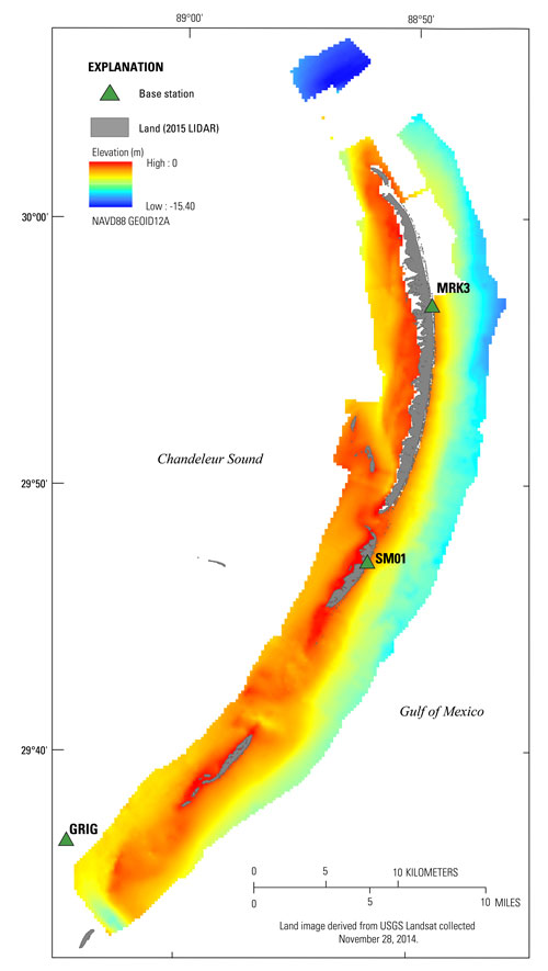 The final 200-meter (m) Digital Elevation Model (DEM) for the 2015 Chandeleur Islands, Louisiana, single-beam bathymetry survey. Horizontal data is referenced to the North American Datum of 1983 (NAD83), UTM zone 16 North; and the vertical data is referenced to the North American Vertical Datum of 1988 (NAVD88) with respect to GEOID12A.