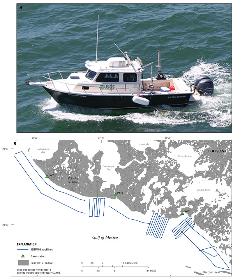 Data acquisition showing in A, a photograph of the R/V Sallenger vessel used for data collection and in B, a trackline map of 307.7 line-km (70 lines) single-beam bathymetry results (USGS SPCMSC cruise identifier 15BIM05). 