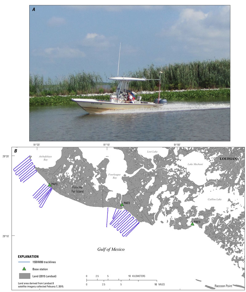 Data acquisition showing in A, a photograph of the R/V Jabba Jaw vessel used for data collection and in B, a trackline map of 164.4 line-km (34 lines) single-beam bathymetry results (USGS SPCMSC cruise identifier 15BIM06).