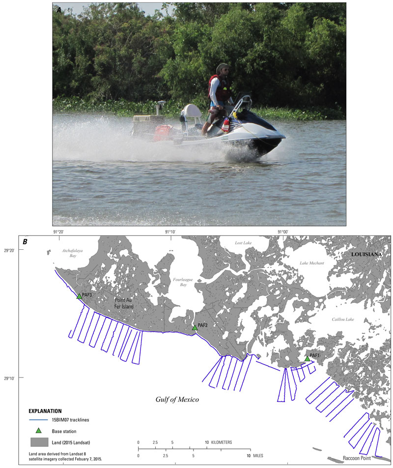 Data acquisition showing in A, a photograph of the R/V Shark vessel used for data collection and in B, a trackline map of 246.7 line-km (72 lines) single-beam bathymetry data results (USGS SPCMSC cruise identifier 15BIM07). 