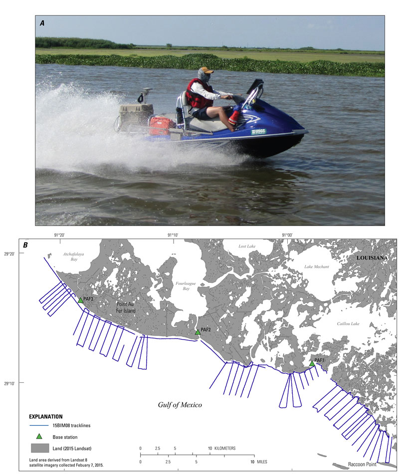 Data acquisition showing in A, a photograph of the R/V Chum vessel used for data collection and in B, a trackline map of 392.2 line-km (123 lines) of single-beam bathymetry results (USGS SPCMSC cruise identifier 15BIM08).