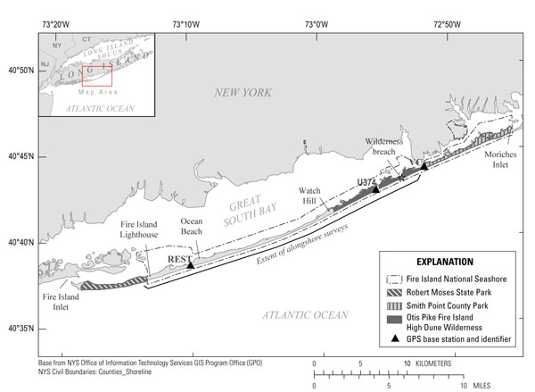 Regional map of Fire Island, New York, along the southern coast of Long Island, New York
