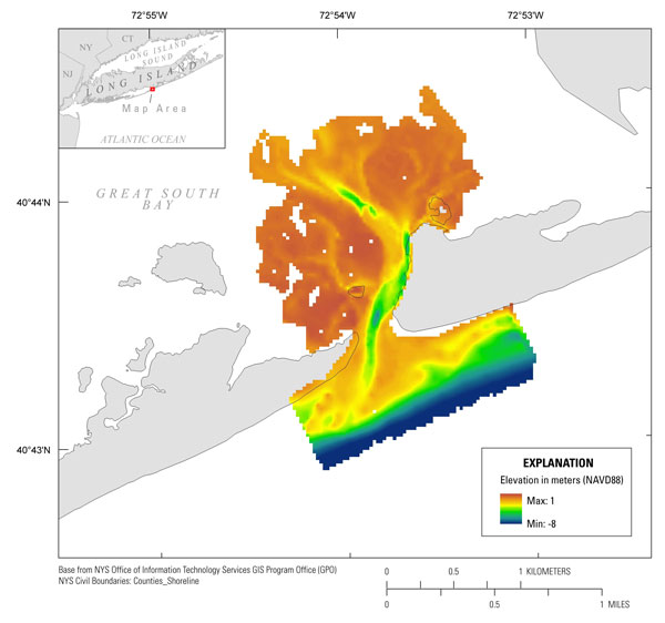 A 25-meter grid of May 2015 bathymetry of the wilderness breach, Fire Island, N.Y. 