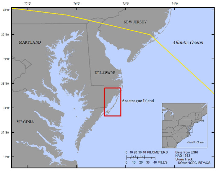 Regional map showing the location of Assateague Island along the east coast of the United States and the extent of the study area