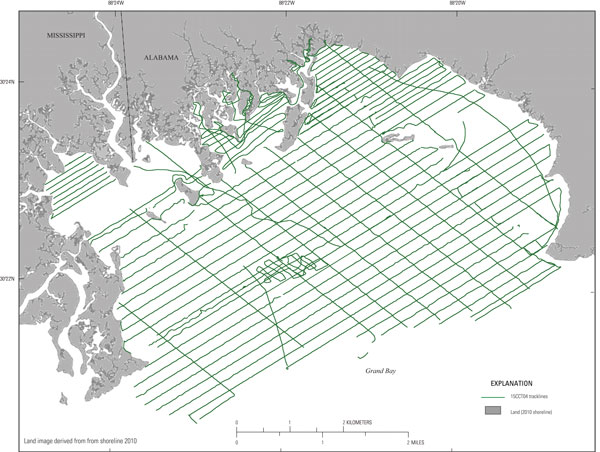 Data acquisition showing the trackline map of 298.8 line-kilometers (158 lines) of single-beam bathymetry data collected by the research vessel (R/V) Shark 