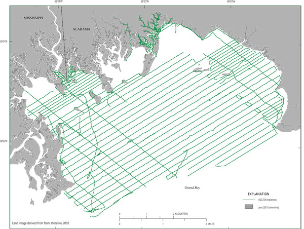 Data acquisition showing the trackline map of 312.6 line-kilometers (123 lines) of single-beam bathymetry data collected by the research vessel (R/V) Chum
