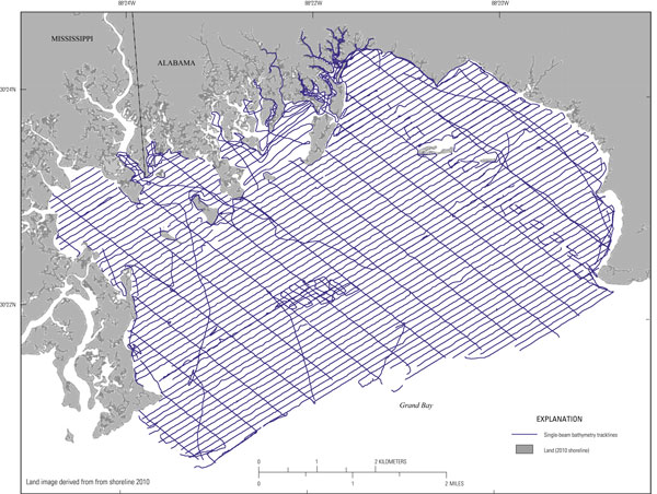 Trackline map overview for the 2015 Grand Bay, Alabama-Mississippi, single-beam bathymetry survey.