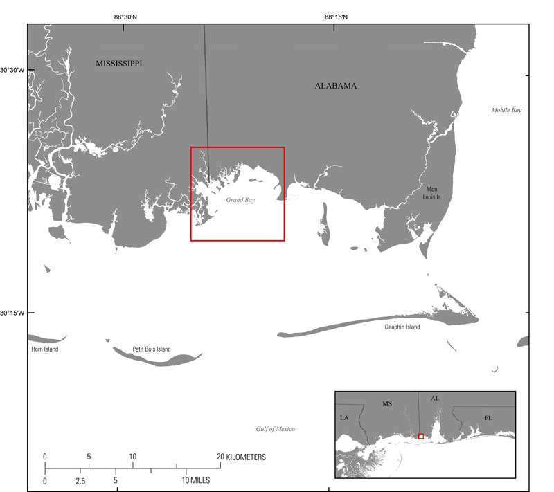 Regional map showing survey area and location of the 2015 single-beam bathymetry survey within Grand Bay, Alabama-Mississippi.