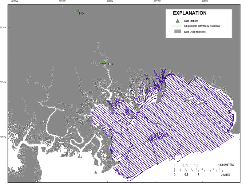 Survey overview of base station locations and single-beam bathymetry tracklines of the 2015 Grand Bay, Alabama-Mississippi, survey (field activity number 2015-315-FA).