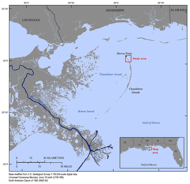 Regional map showing the location of the Chandeleur Islands barrier island chain in the northern Gulf of Mexico and the September 2015 geophysical survey area