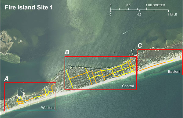 Figure 5. Aerial photograph of survey site 1 with boxes overlaing showing ocations of ground penetrating radar profiles collected at  with labeled subregions A, B, and C