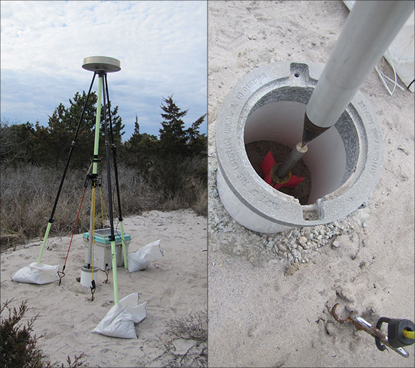 Figure 2. Combined photographs showing DGPS base station on left and permanent survey marker in its casing on right