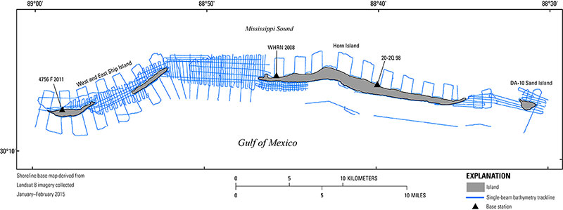 Figure 9. Trackline map of the 2016 single-beam bathymetry (667 line-km [260 lines]) surveyed in the nearshore coastal waters of Ship and Horn Islands, Gulf Islands National Seashore, Mississippi