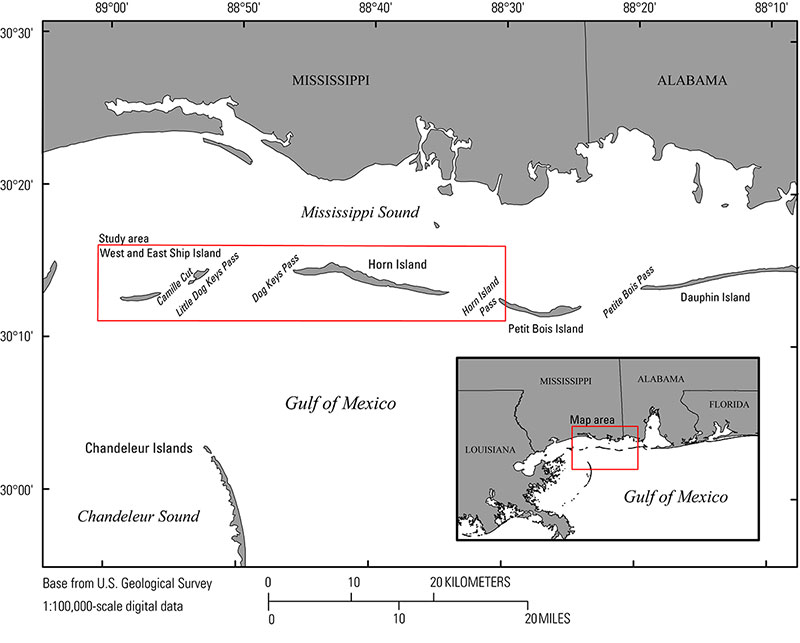 Figure 1. Graphic map showing the 2016 bathymetry survey extent around Ship (West and East) and Horn Islands, Gulf Islands National Seashore, Mississippi
