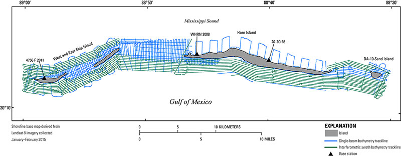 Figure 2. Trackline map of the 2016 single-beam bathymetry and interferometric bathymetry surveyed in the nearshore coastal waters of Ship and Horn Islands, Gulf Islands National Seashore, Mississippi