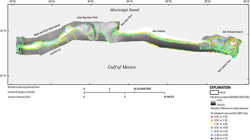 Figure 12. Map showing error values overlain upon the 50-meter Digital Elevation Model referenced to North American Vertical Datum of 1983 Universal Transverse Mercator Zone 16 North, and North American Vertical Datum 1988 with respect to GEOID12B.