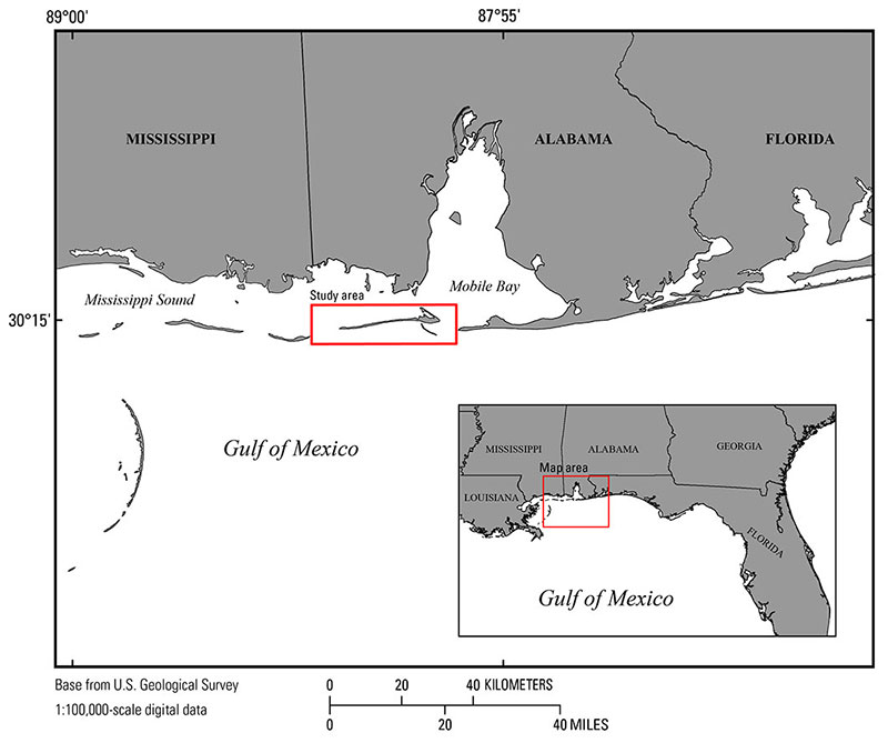 Map showing the area of the 2015 single-beam bathymetry survey around Dauphin Island, Alabama, in a red box