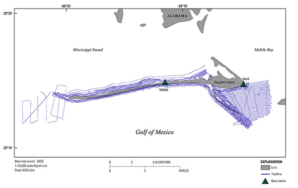 Trackline map of the 2015 single-beam bathymetry lines surveyed around Dauphin Island, Alabama. 