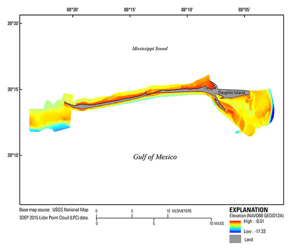The 50-meter Digital Elevation Model for the 2015 Dauphin Island single-beam dataset