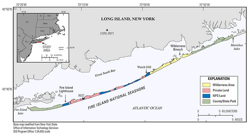 Graphic regional map showing location of Fire Island, New York