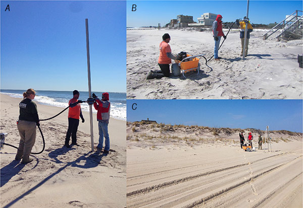 Photo collage with 3 panels showing researchers setting up equipment on the beach