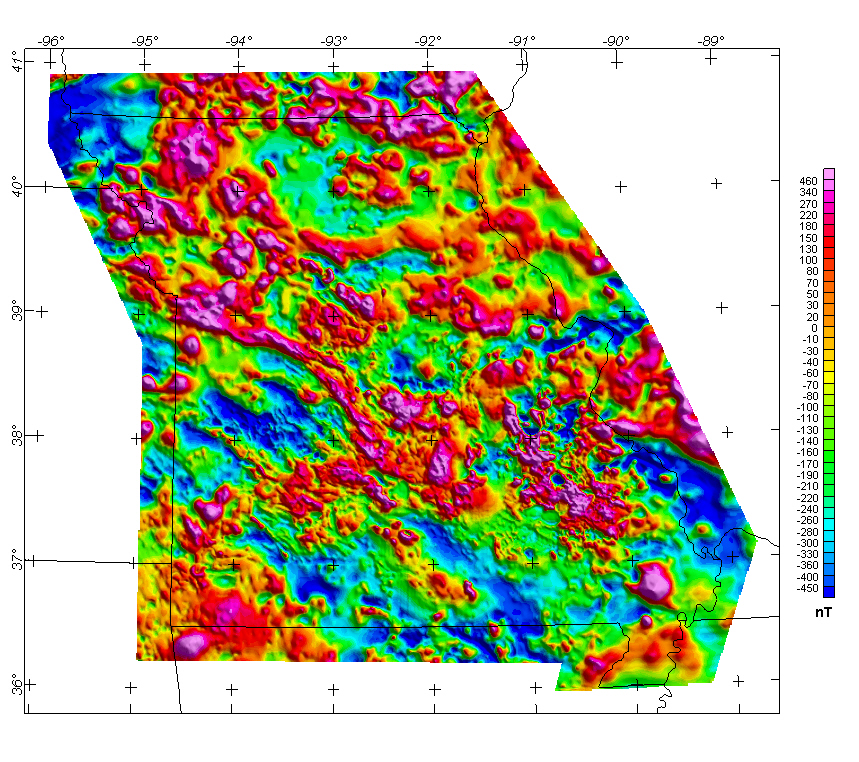 Missouri Composite Magnetic Anomaly Map (NE illumination) at simulated flight altitude of 305 m (1,000 ft) above ground