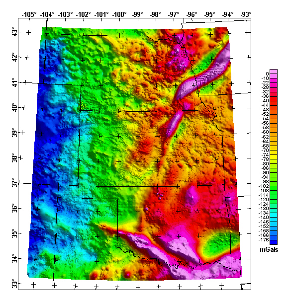 Nebraska, Kansas, and Oklahoma Complete Bouguer Gravity Anomaly Map