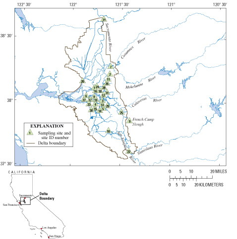 Location of water-quality sampling sites in the Sacramento–San Joaquin Delta, California., 