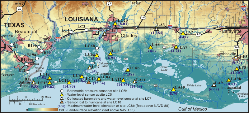 Figure 3. Location of data-collection sites in southwestern Louisiana and southeastern Texas (See fig. 1 for location).